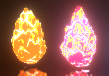 Blenderのディスプレイスモディファイアとカラーランプで作った、アニメ調の光る炎エフェクトの完成イメージ